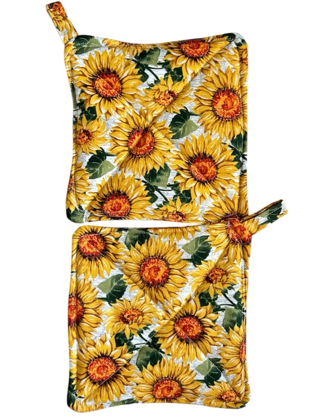 Hand Crafted Colorful Floral Sunflowers Two Fabric Potholders Hot Mat Trivet